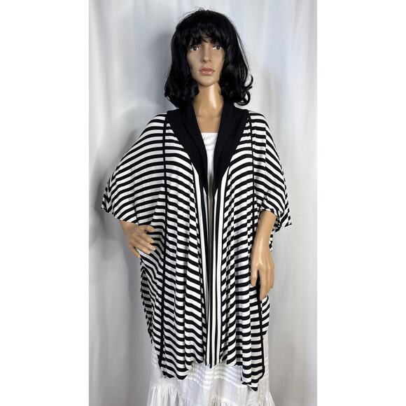 Joseph Ribkoff Black‎ White Striped Asymmetric Lagenlook Open front Cardigan M-L - Picture 16 of 16